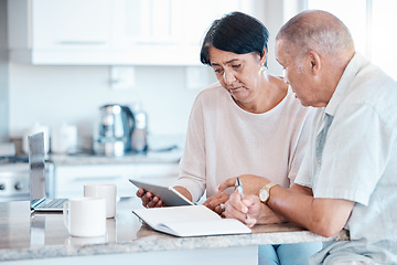 Image showing Senior couple debt, tablet and home of elderly people in retirement looking at budget data. Pension, house research and finance loan of a Indian woman and man together in a kitchen planning with tech