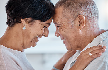 Image showing Senior couple, face and a hug for love with a happy smile, commitment and trust together in home. Old man and woman in healthy marriage with care, support and security for retirement lifestyle