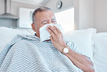 Image showing Sick, allergy and senior man on sofa cleaning his nose with retirement, pension or elderly healthcare at home. Virus, bacteria or allergies risk, sad and tired old person on couch in house self care