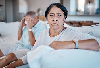 Image showing Divorce, problem and senior couple on sofa with sadness, depression and frustrated from conflict argument. Marriage mistake, fight and woman with angry man unhappy, upset and thinking of breakup