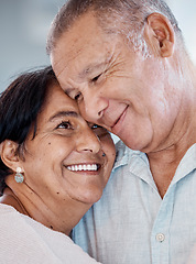 Image showing Senior couple, hug and smile of love, care and romance at home. Happy man, woman and face of retirement people embrace for happiness, support and relax in marriage together, house or trust of partner