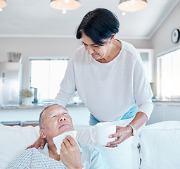 Image showing Health, old man with flu and senior woman with cup, retirement and caregiver in living room. Allergies, mature male on couch and elderly female in lounge with mug, bacteria and remedy for illness