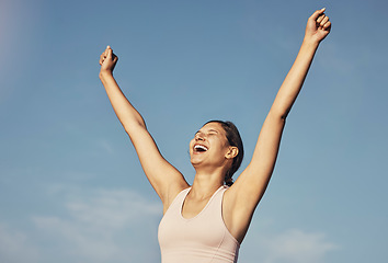 Image showing Fitness success, workout and woman arms in air for workout achievement outdoor. Excited, smile and athlete with blue sky feeling freedom from motivation and happiness with exercise target goal