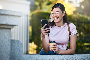 Image showing Happy, search or student woman with phone in morning for social media, networking or reading comic blog. Smile university or girl on 5g smartphone at college building for learning or blog outdoor