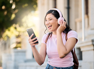 Image showing Music, headphones or video call by woman in city for travel, happy and smile on building background. Radio, podcast and travelling girl student with app, online audio or subscription service outside