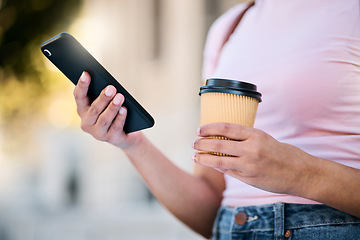 Image showing Woman, phone and hands with coffee of a young person checking gps mobile data for travel. Networking, online communication and text of a traveler on cellphone with blurred background on web app