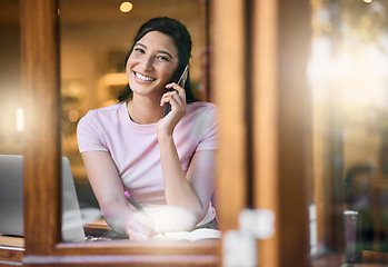 Image showing Coffee shop window, portrait and woman on a phone call doing online work in a cafe. Computer, smile and happiness of a young person in a restaurant doing online writing in the morning with lens flare