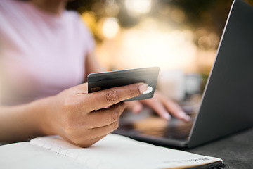 Image showing Credit card, woman hands and finance data of a female checking savings, budget and bills. Financial payment, ecommerce and computer accounting info of a young person with a notebook for planning