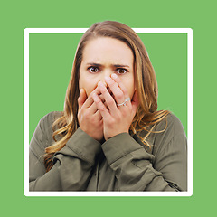 Image showing Portrait, surprise and woman with graphic frame in a studio feeling shocked. Model, unexpected and female model face with omg expression gasping from surprising news in isolated green background