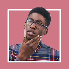 Image showing Thinking, confused and man in studio with mockup, advertising and pink background space. Doubt, unsure and contemplation with black guy thoughtful, pensive and emoji gesture while standing isolated