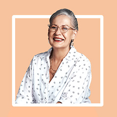 Image showing Senior woman, portrait and frame graphic of a elderly person with a smile and happiness. Retirement, old female and model with orange background and casual fashion with positivity and elegant aging