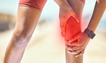 Image showing Knee pain, hands and black woman runner by the sea with fitness, training and running injury. Leg massage, hand zoom and athlete with joint, muscle and inflammation problem with blurred background