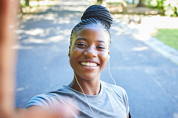 Image showing Selfie, fitness and portrait of black woman in park with smile for exercise goals, running and marathon training. Sports, picture and face of happy girl for cardio workout, healthy body and wellness