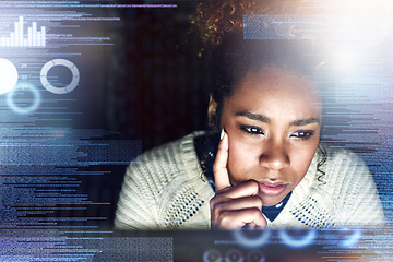 Image showing Thinking, futuristic hologram and black woman on computer for online finance, fintech and data analysis. Digital transformation, software overlay and face of girl for financial analytics on 3d screen