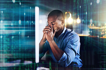 Image showing Stress, headache and code overlay of a black man doing computer work for cybersecurity with stress. Coding designer glitch, it employee in a office with stress and anxiety from 404 problem design