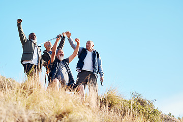 Image showing Senior, men and hiking success in nature, celebration and victory, cheering and happy on blue sky background. elderly, friends and man hiker group celebrating achievement, freedom and exercise goal