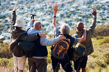 Image showing Celebration, nature and senior people hiking for exercise, health and wellness in mountain. Freedom, adventure and group of elderly friends in retirement trekking for fitness in the forest or woods.