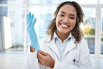 Image showing Black woman, scientist and medical research, gloves and hand, smile in portrait with safety and health science. Healthcare, doctor and investigation, forensic analysis with test, experiment and PPE