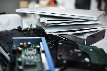 Image showing Computer, hardware and it company equipment with no people in a tech industry office. Data center, server database and electric board servers on a desk machine repair and cyber security upgrade