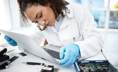 Image showing Motherboard, woman technician and computer in lab for cyber crime investigation, analysis or IT solution. Information technology engineer, laptop or laboratory for programmer for circuit, cpu or data