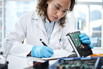 Image showing Black woman technician, computer or laptop circuit for cyber crime investigation, analysis and IT solution. Information technology engineer, notebook and laboratory for programming, writing and notes