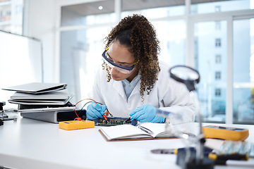 Image showing Computer hardware, repair and black woman electrician working on electronic cpu, circuit and chip. Technology maintenance, programming and female technician fix coding, motherboard and processor