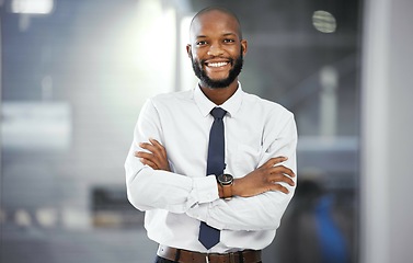 Image showing Black man portrait, smile or corporate worker for financial growth or accounting work. Company vision, success or happy business employee smile for finance, motivation or mission mindset in office