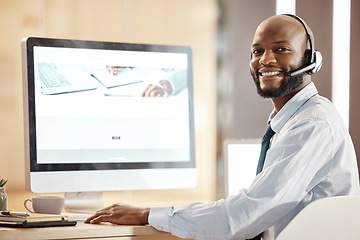 Image showing Black man, call center portrait and smile by computer for tech support, communication and crm help. Telemarketing expert, contact us and pc at desk for customer service in office with happy mindset