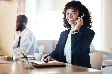 Image showing Crm, call center and black woman portrait of a lead generation worker on a office call. Customer service, web support and contact us employee with a smile from online consulting job and career