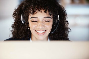 Image showing Customer support face, computer consulting and happy woman telemarketing on contact us CRM or telecom. Call center communication, online e commerce and information technology consultant on microphone