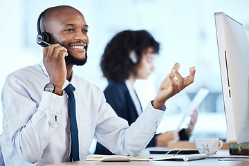 Image showing Call center, black man and phone call of a crm, contact us and telemarketing employee. Businessman, web support and computer communication of an online consulting agent working on customer service
