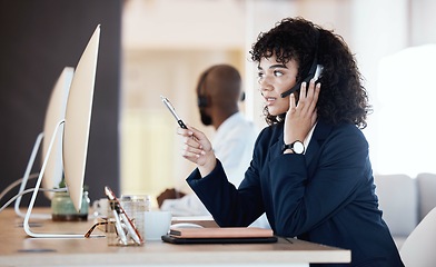 Image showing Business, black woman and call center for customer service, talking and help with tech support. African American female employee, agent and consultant with computer, discussion and help client online