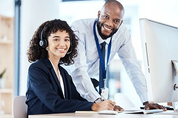 Image showing Call center, customer service and portrait of a manager with a consultant helping with a consultation online. Happy, smile and professional telemarketing agents working on crm strategy in the office.