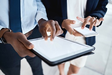 Image showing Business people, hands and tablet with screen on mockup for corporate networking, advertising or marketing. Hand of employee team on touchscreen and phone display for digital advertisement or app