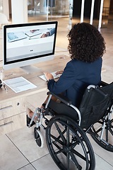 Image showing Business woman, wheelchair and disability of a database administrator working on a computer. Office, disabled employee back and website data reading of a female typing a digital web strategy