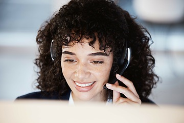 Image showing Call center face, computer consulting and happy woman telemarketing on contact us CRM or telecom. Customer support communication, online e commerce and information technology consultant on microphone