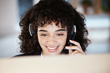 Image showing Customer service face, computer consulting and happy woman telemarketing on contact us CRM or telecom. Call center communication, online e commerce and information technology consultant on microphone