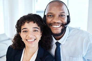 Image showing Selfie, portrait and call center consultants in the office working on a crm consultation online. Happy, smile and interracial telemarketing colleagues taking a picture together in the workplace.