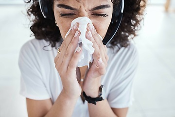 Image showing Call center, customer support and woman blowing her nose with tissue for a cold, flu or covid. Sick, illness and female telemarketing consultant sneeze with allergies, hayfever or sinus in the office