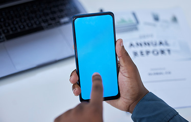 Image showing Green screen, mockup and smartphone in hand, marketing and technology, product placement and business communication. Black man, accountant and networking with research, financial report and fintech