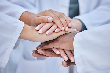 Image showing Hospital mission, team building or hands in a huddle after a meeting collaboration for healthcare targets or goals. Teamwork, partnership or medical doctors with support, trust or hope for success