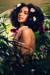 Image showing Skincare, flowers and portrait of black woman in studio with a natural, organic and beauty face routine. Leaves, cosmetic and African female model with self care, health and wellness facial treatment