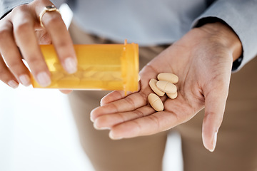 Image showing Medicine, closeup and hands with pills for depression, cure and anxiety with pain and stress. Medical, healthcare and zoom with orange container, prescription and help for body care and mental health