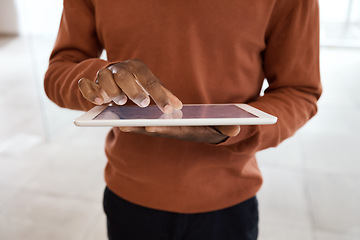 Image showing Tablet, research and hands of black man for website, online shopping and text on social media. Technology, communication and male scroll, zoom and browse internet for networking, email and connection