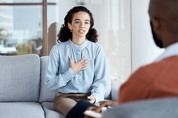 Image showing Therapy, counselling and mental health conversation with woman patient and psychologist on couch. Person talking about psychology, anxiety and depression or stress with therapist for help or support