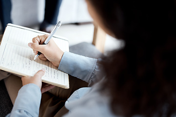 Image showing Psychologist hands, notebook and writing in therapy, counseling or psychology consultation. Therapist, healthcare expert or professional person with notes in session, patient or client problem review