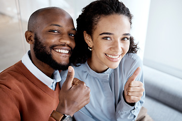 Image showing Portrait, friends and employees with thumbs up, achievement and project success in modern office. Face, female consultant and African American male manager with gesture for celebration, ok or support