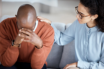 Image showing Support, therapy and woman with black man, help with grief and depression in office. Mental health, female psychologist and African American male patient with sadness, anxiety and anxious with loss