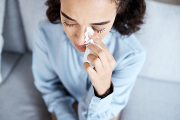 Image showing Psychology, sad and woman crying with a tissue at a session for grief, depression or mental health. Psychiatry, depressed and lady emotional at a psychotherapy session sitting on a sofa in the office