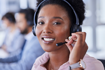 Image showing Black woman, call center and portrait smile for telemarketing, customer support or service at the office. Happy African American female consultant face smiling with headset for online advice or help